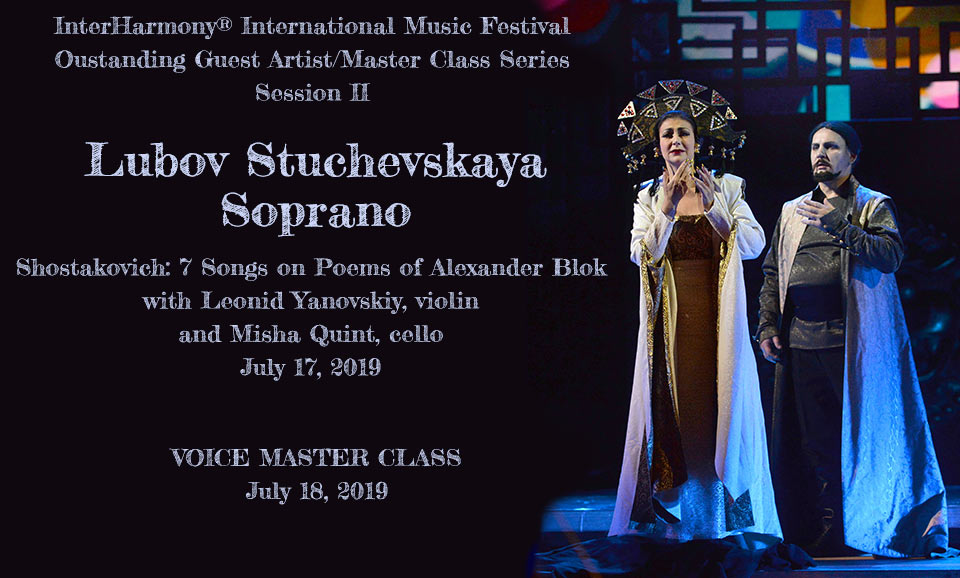 Lubov Stuchevskaya, soprano, will be performing Shostakovich: 7 Romances on the Poems of Alexander Blok and giving a voice master class in Acqui Terme at InerHarmony.